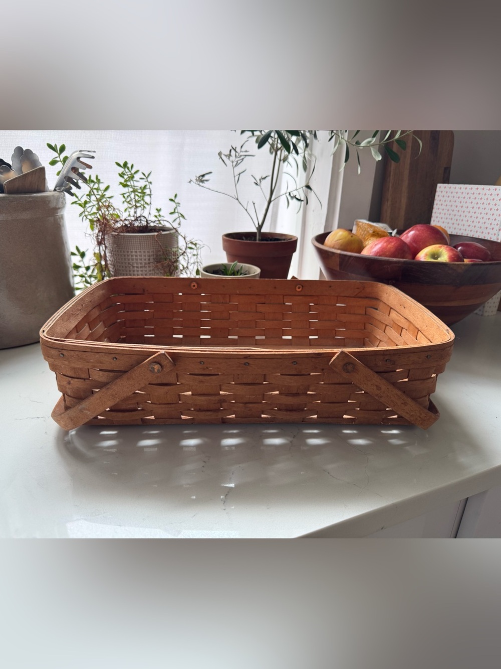 Vintage 90s Longaberger Rectangular Woven Basket with Handles